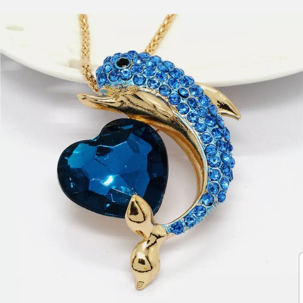 New-Blue Rhinestone Heart Dolphin Crystal Necklac